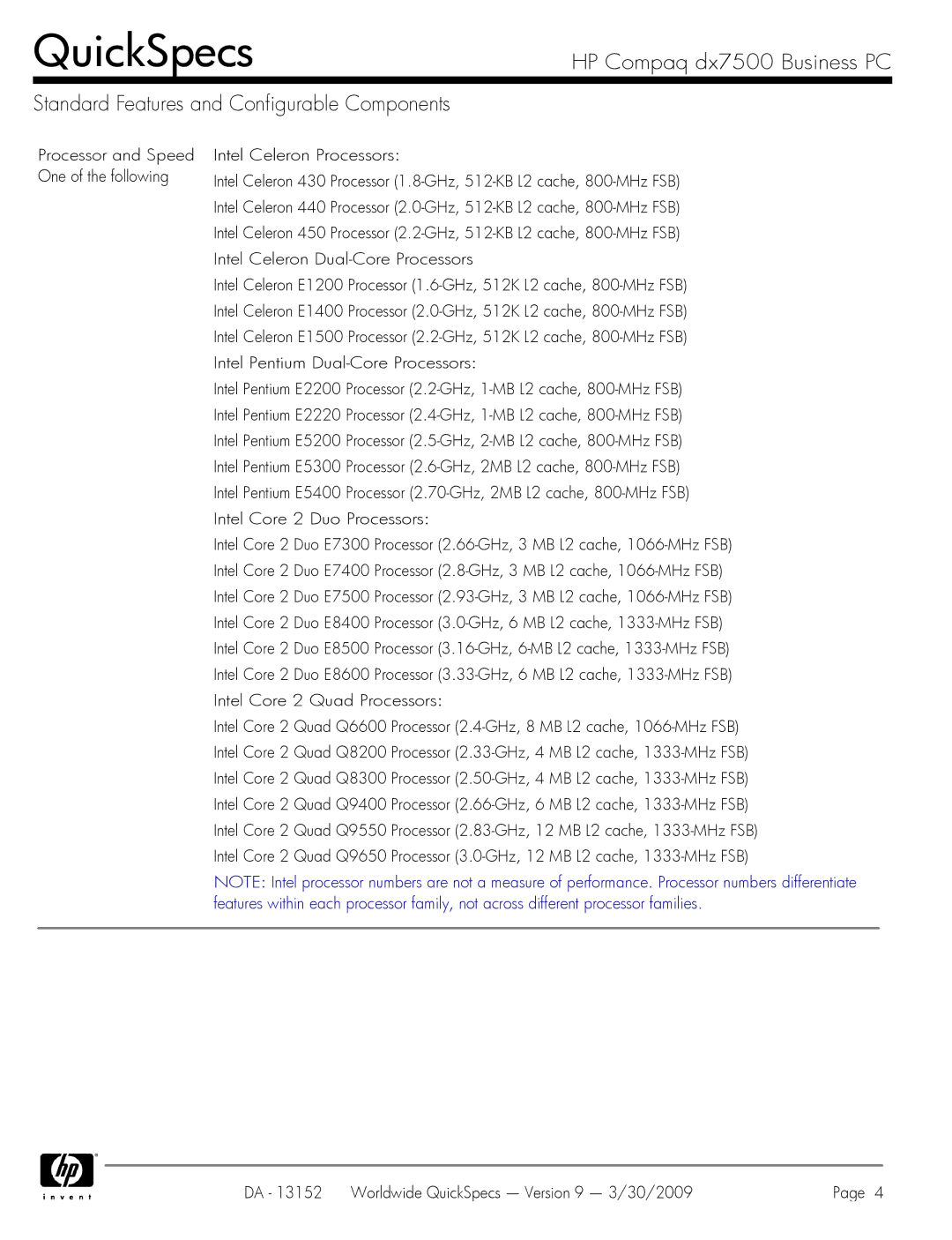 HP DX7500 manual QuickSpecs 