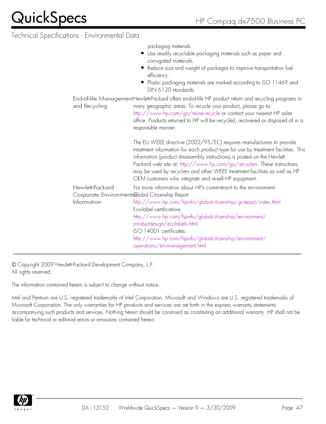 HP DX7500 manual OEM customers who integrate and re-sell HP equipment, ISO 14001 certificates 