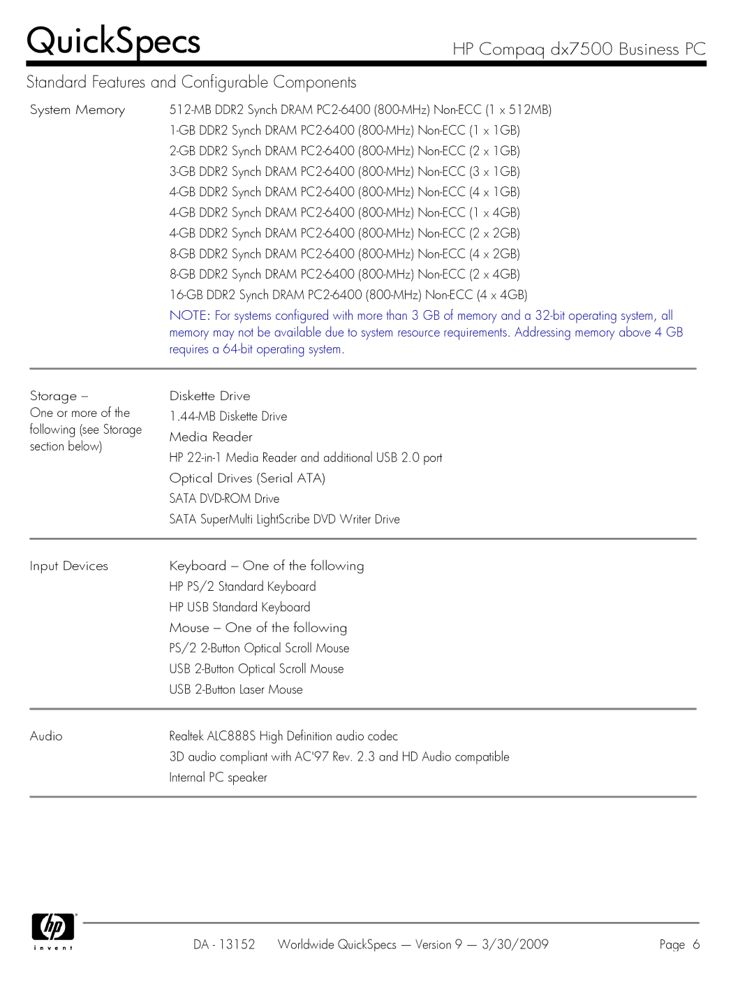 HP DX7500 manual Requires a 64-bit operating system, Storage 