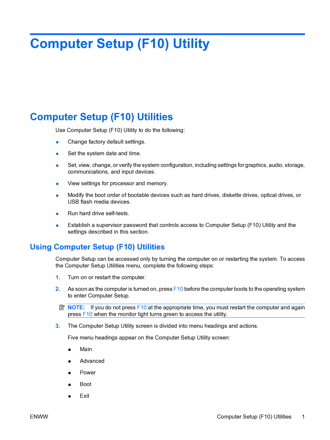 HP DX7500 manual Computer Setup F10 Utility, Using Computer Setup F10 Utilities 