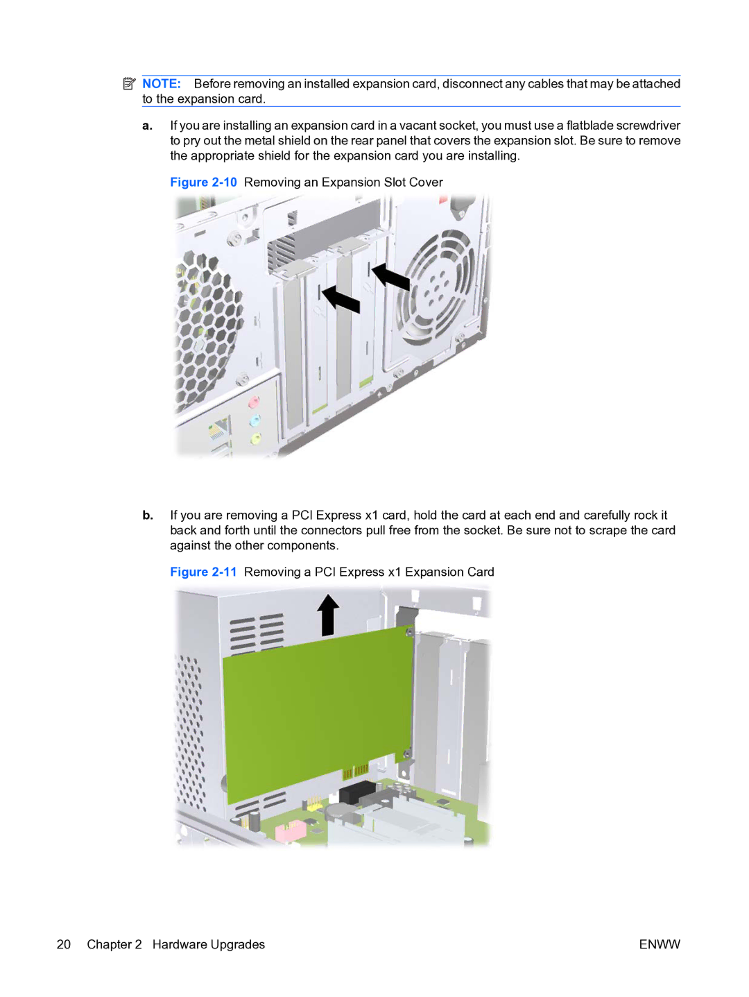 HP DX7500 manual 11Removing a PCI Express x1 Expansion Card Hardware Upgrades 