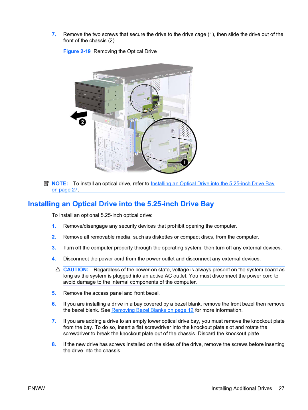 HP DX7500 manual Installing an Optical Drive into the 5.25-inch Drive Bay, 19Removing the Optical Drive 