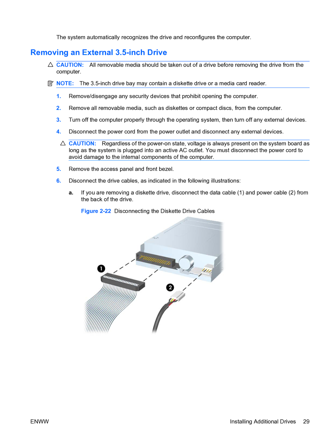 HP DX7500 manual Removing an External 3.5-inch Drive, 22Disconnecting the Diskette Drive Cables 