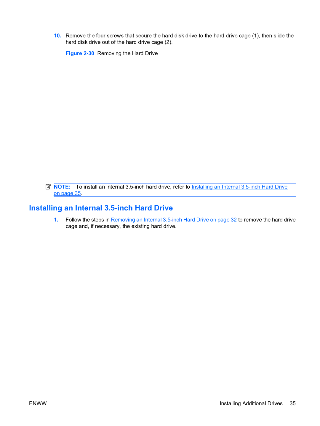 HP DX7500 manual Installing an Internal 3.5-inch Hard Drive, 30Removing the Hard Drive 