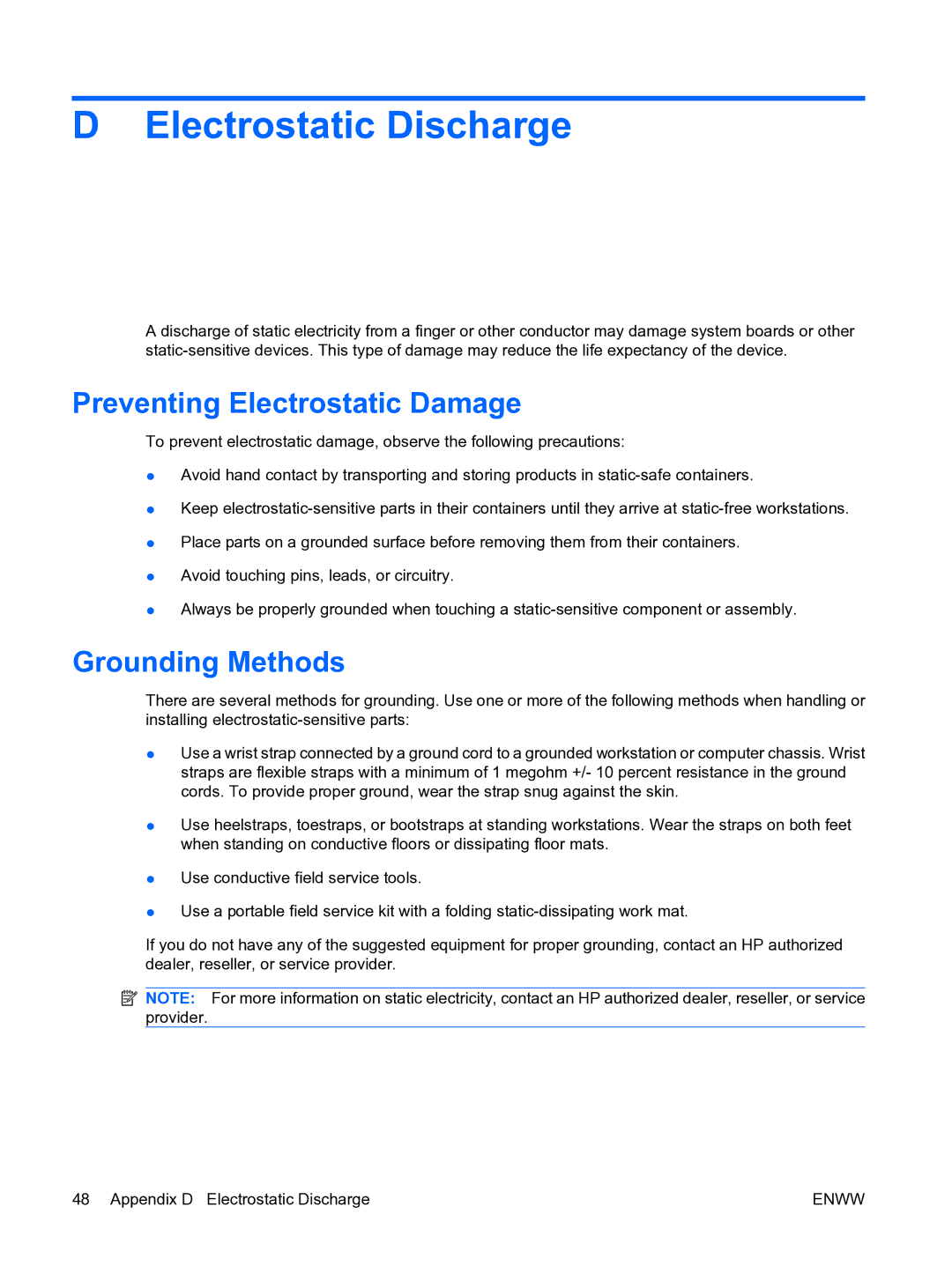 HP DX7500 manual Electrostatic Discharge, Preventing Electrostatic Damage, Grounding Methods 