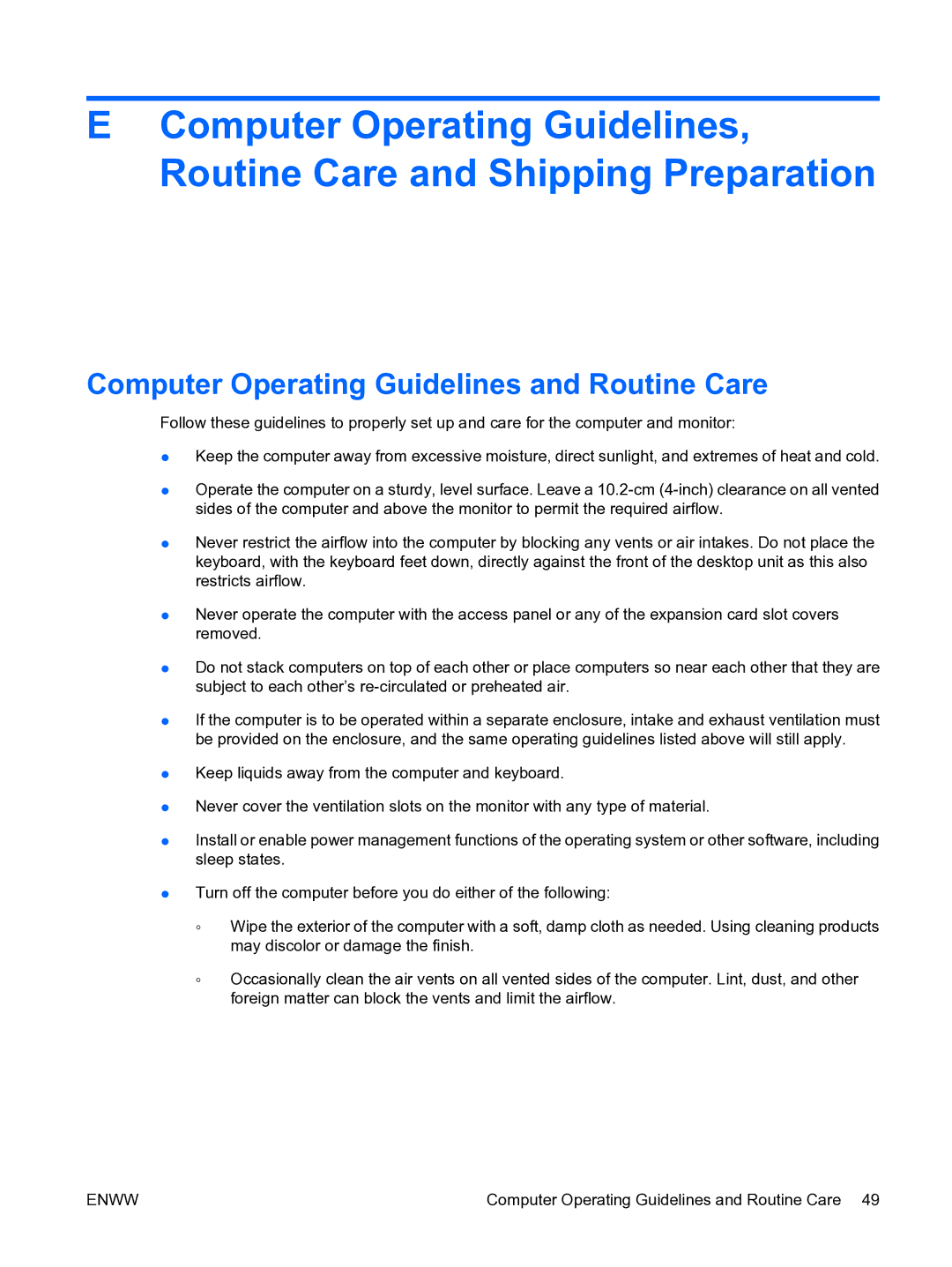 HP DX7500 manual Computer Operating Guidelines and Routine Care 