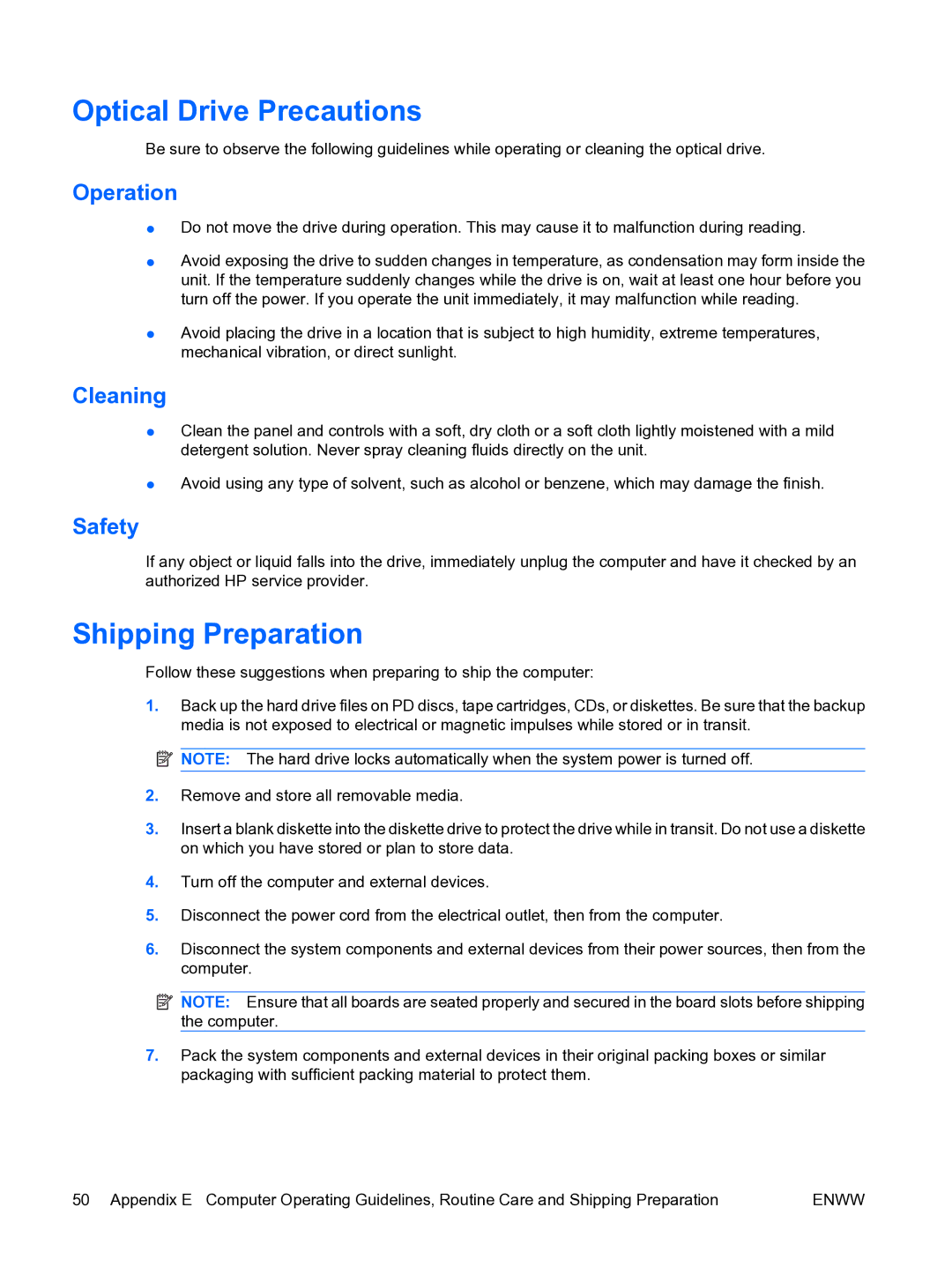 HP DX7500 manual Optical Drive Precautions, Shipping Preparation, Operation, Cleaning, Safety 