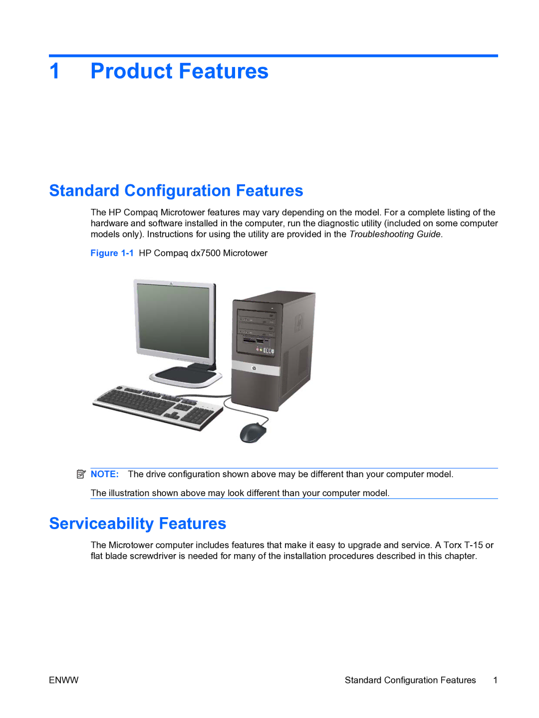 HP DX7500 manual Product Features, Standard Configuration Features, Serviceability Features 