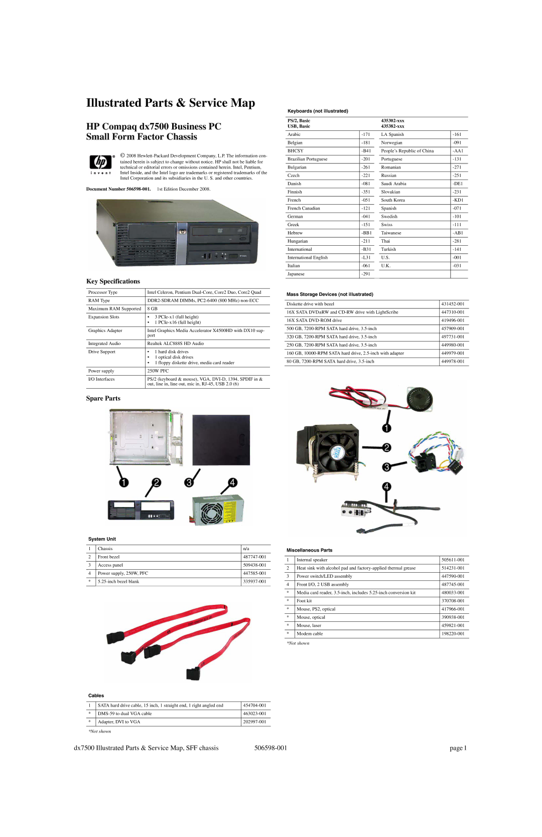 HP DX7500 manual Key Specifications, Spare Parts 