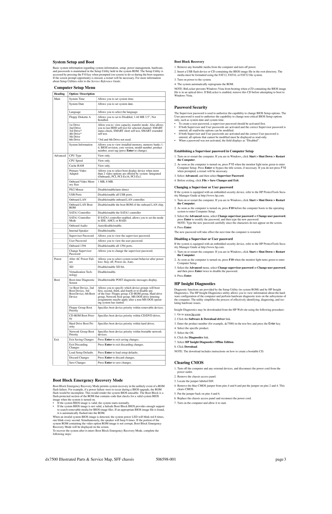 HP DX7500 System Setup and Boot, Computer Setup Menu, Boot Block Emergency Recovery Mode, Password Security, Clearing Cmos 