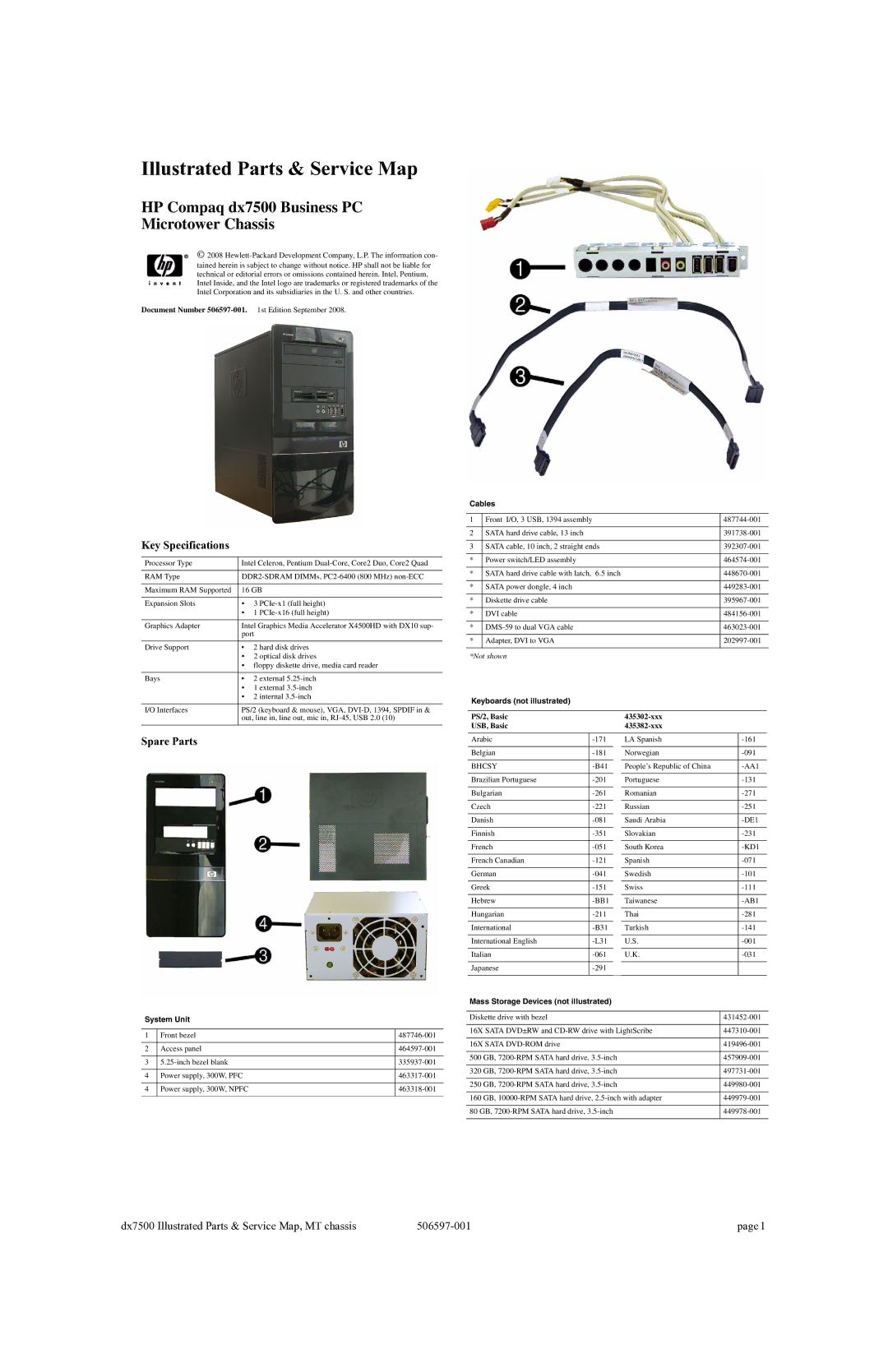 HP DX7500 manual Key Specifications, Spare Parts 