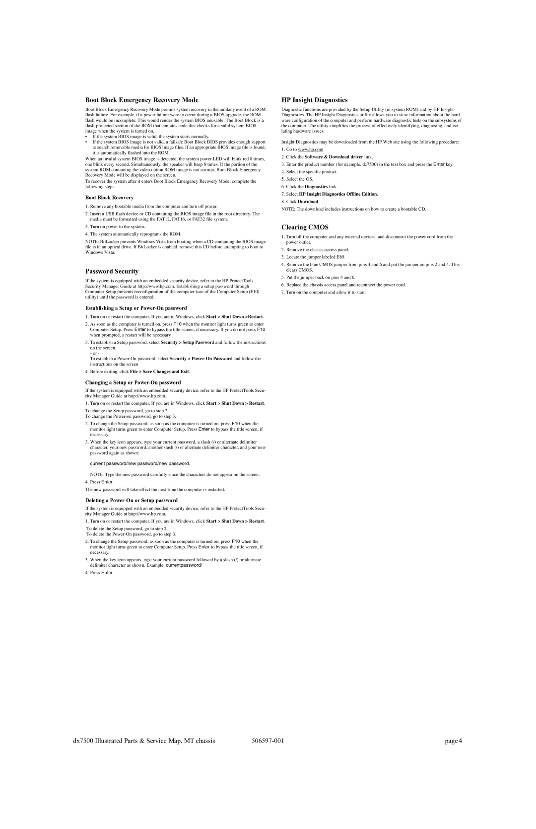 HP DX7500 manual Boot Block Emergency Recovery Mode, Password Security, HP Insight Diagnostics, Clearing Cmos 