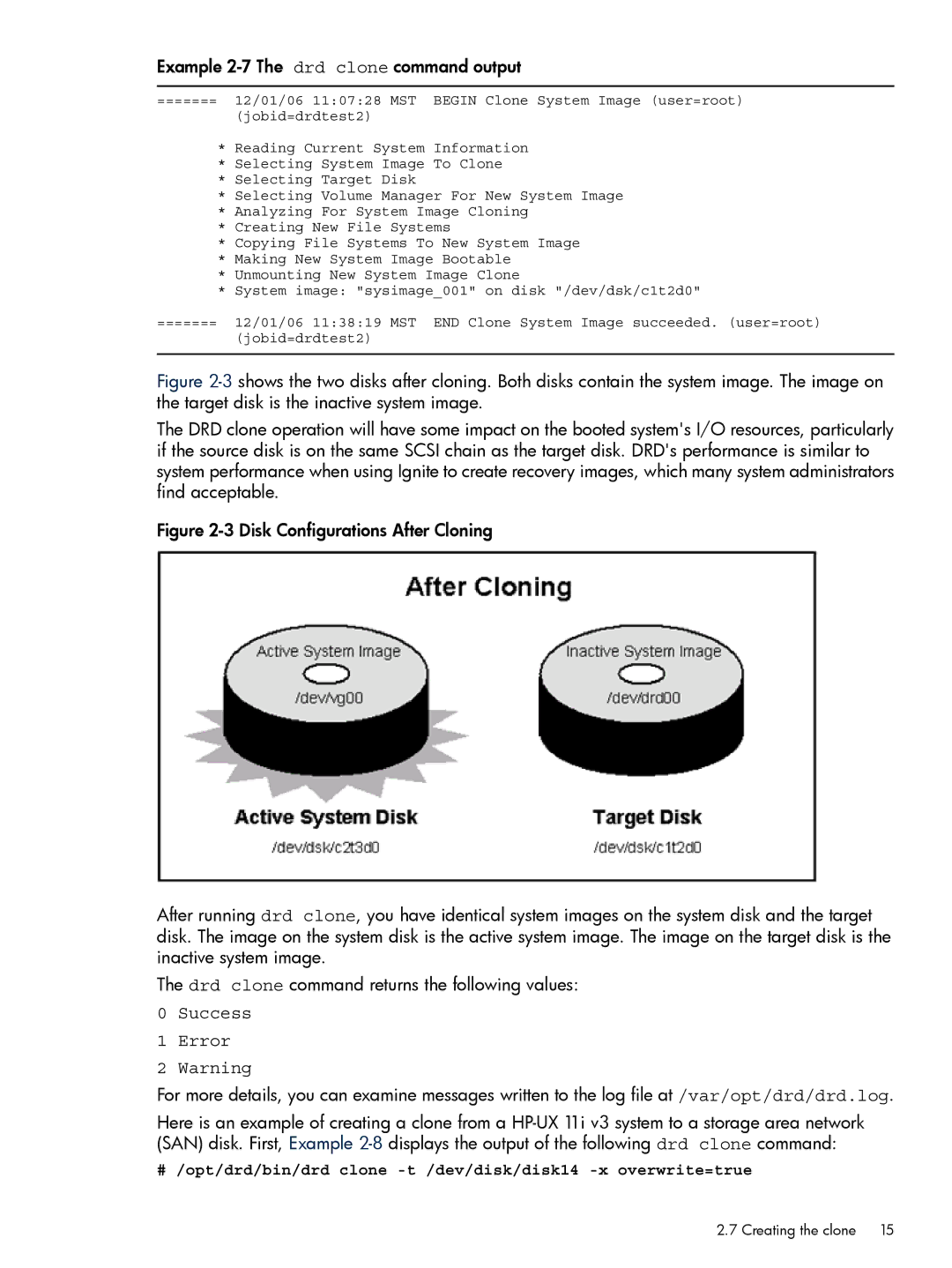 HP Dynamic Root Disk (DRD) manual Example 2-7 The drd clone command output, Success Error 