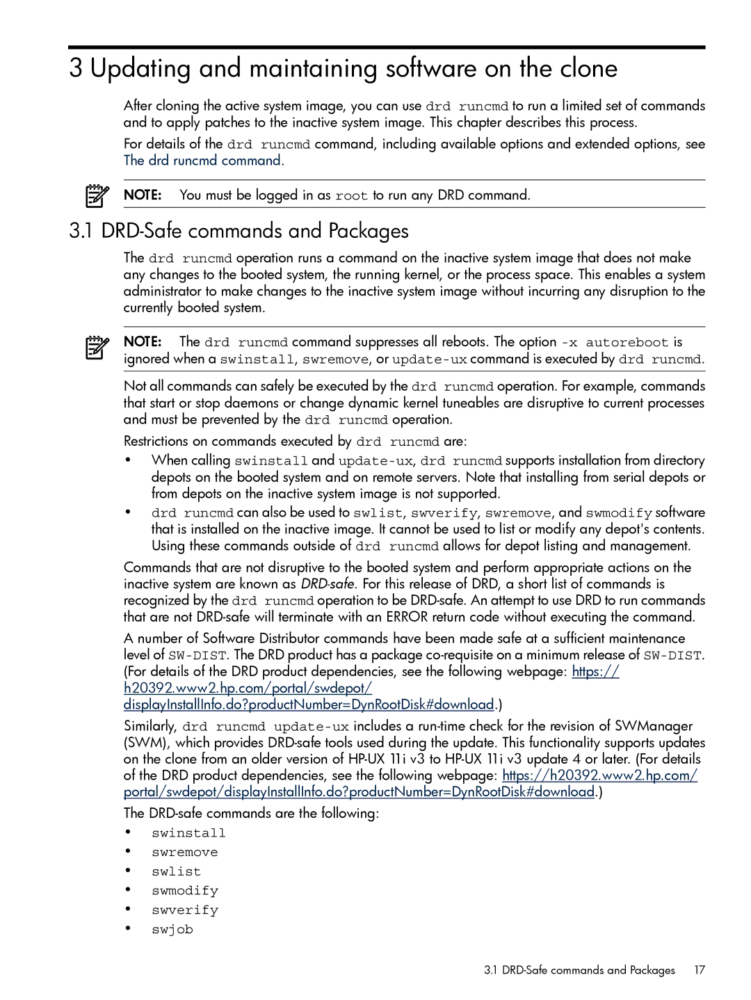 HP Dynamic Root Disk (DRD) manual Updating and maintaining software on the clone, DRD-Safe commands and Packages 