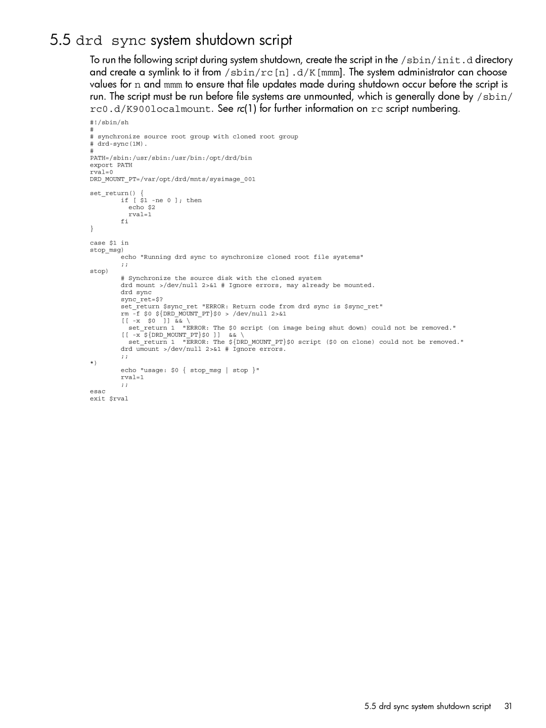 HP Dynamic Root Disk (DRD) manual Drd sync system shutdown script 