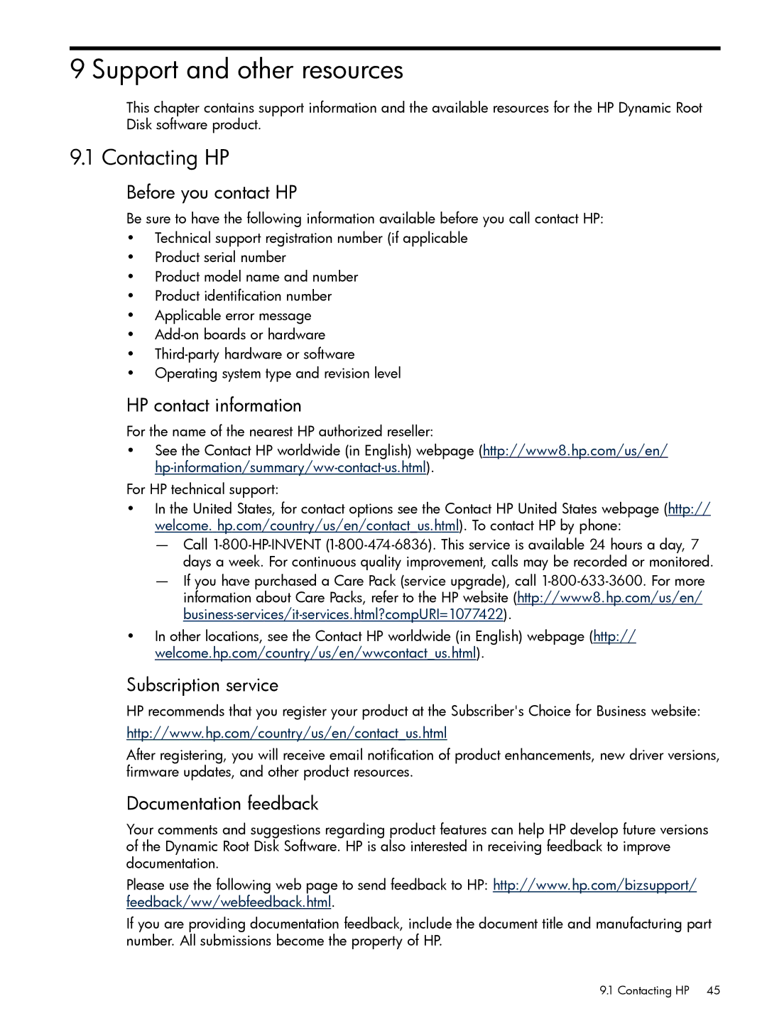 HP Dynamic Root Disk (DRD) manual Support and other resources, Contacting HP 