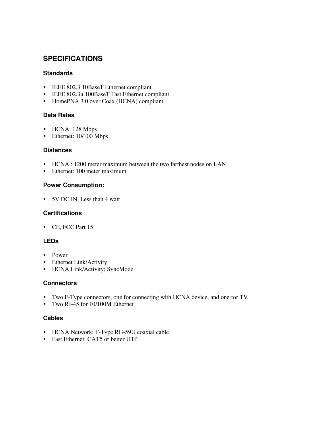 HP Dynamix -30 Coax manual Standards, Data Rates, Distances, Power Consumption, Certifications, LEDs, Connectors, Cables 