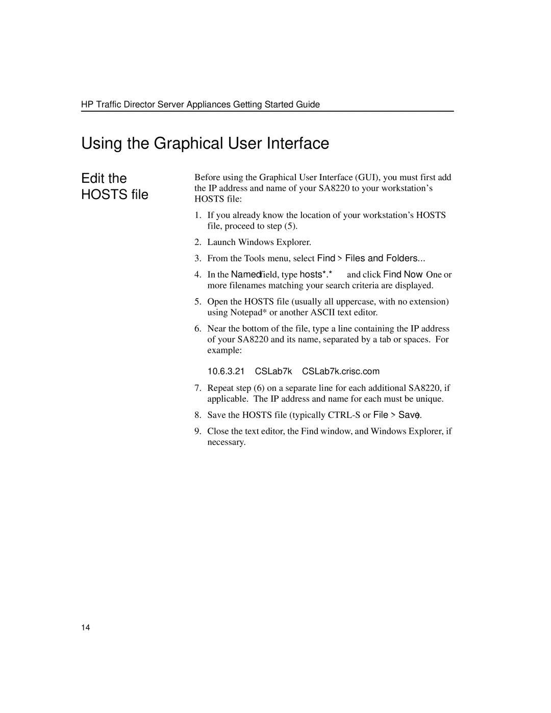 HP e-Commerce Traffic Direr sa8220 manual Using the Graphical User Interface, Edit the Hosts file 