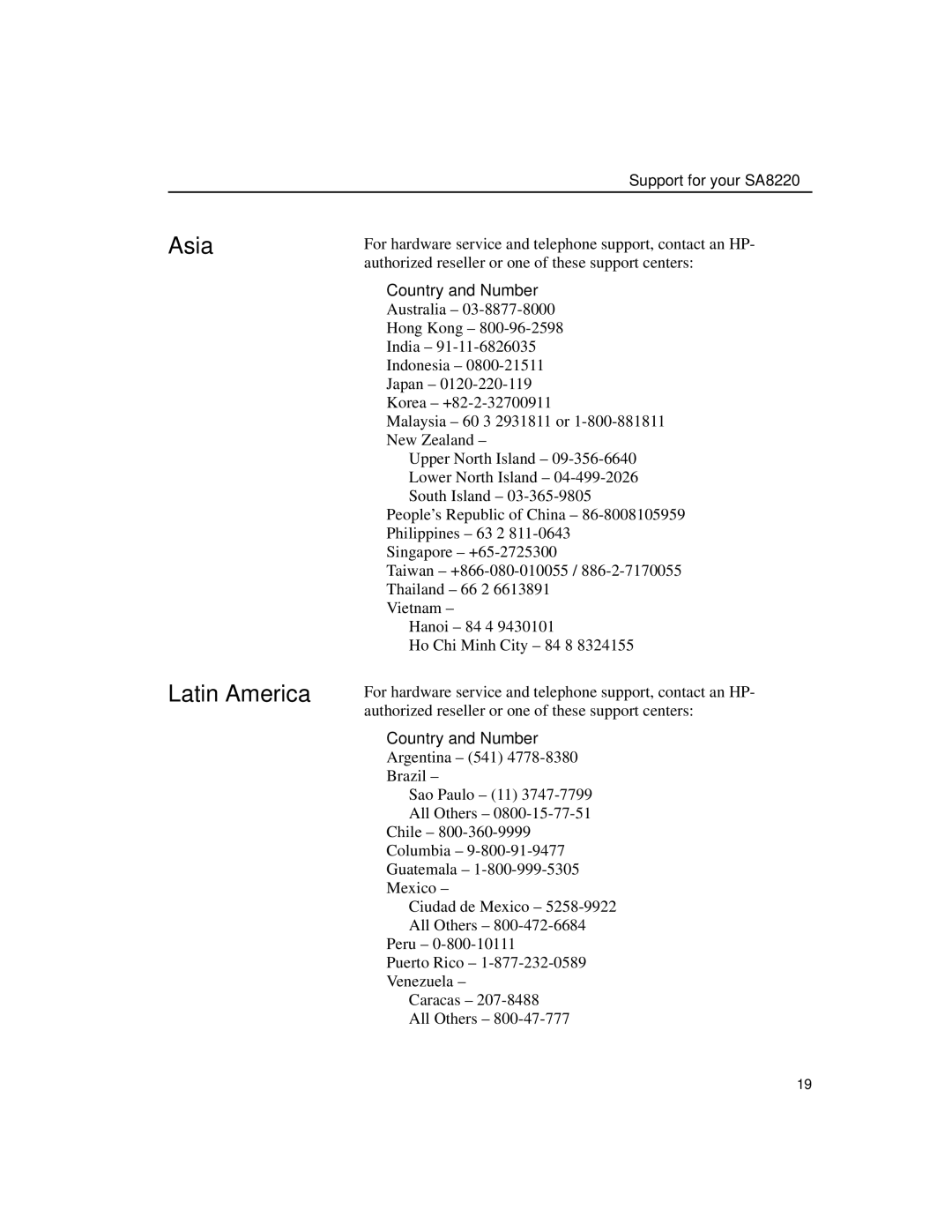 HP e-Commerce Traffic Direr sa8220 manual Asia Latin America, Country and Number 