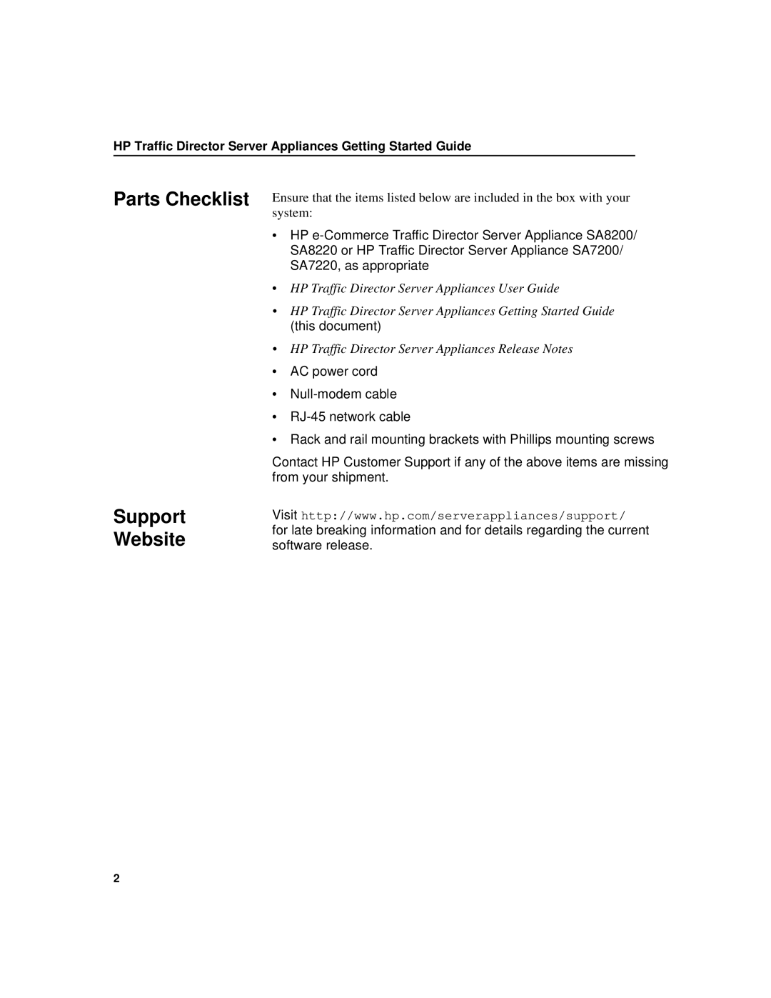 HP e-Commerce Traffic Direr sa8220 manual Parts Checklist Support Website 