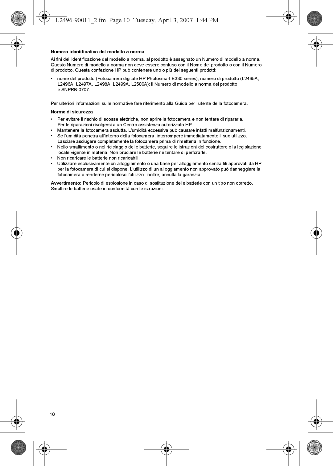 HP E L2496-900112.fm Page 10 Tuesday, April 3, 2007 144 PM, Numero identificativo del modello a norma, Norme di sicurezza 