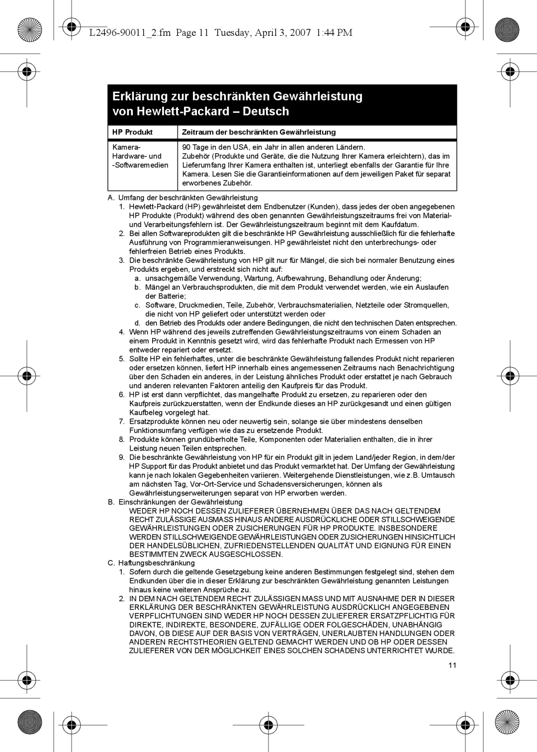 HP E manual L2496-900112.fm Page 11 Tuesday, April 3, 2007 144 PM, HP Produkt Zeitraum der beschränkten Gewährleistung 