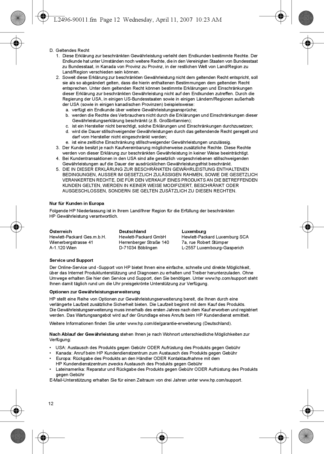 HP L2496-90011.fm Page 12 Wednesday, April 11, 2007 1023 AM, Nur für Kunden in Europa, Österreich Deutschland Luxemburg 