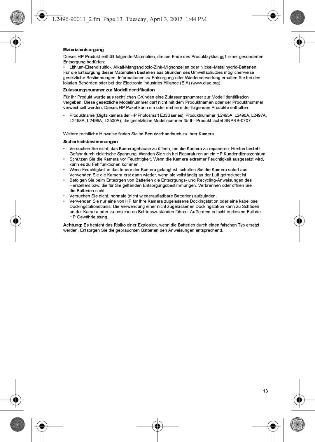 HP E L2496-900112.fm Page 13 Tuesday, April 3, 2007 144 PM, Materialentsorgung, Zulassungsnummer zur Modellidentifikation 