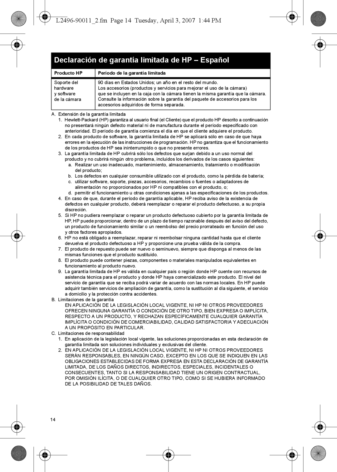 HP manual Declaración de garantía limitada de HP Español, L2496-900112.fm Page 14 Tuesday, April 3, 2007 144 PM 