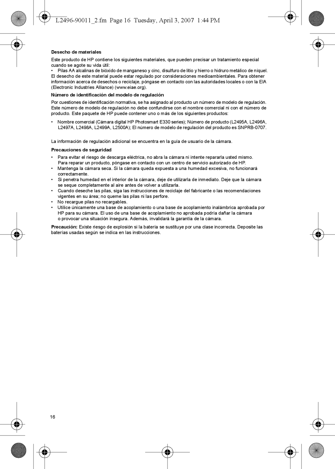 HP E manual L2496-900112.fm Page 16 Tuesday, April 3, 2007 144 PM, Desecho de materiales, Precauciones de seguridad 