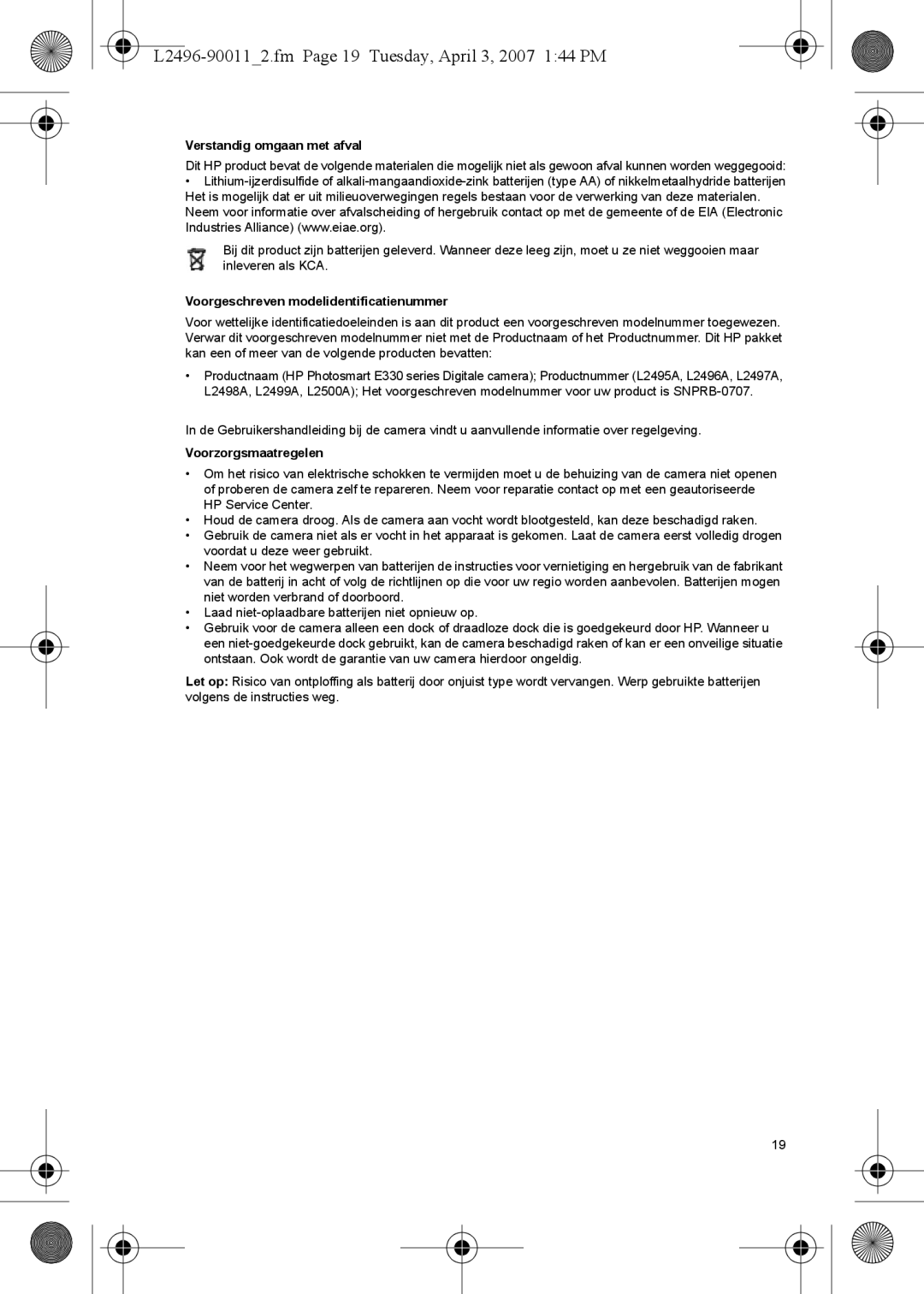 HP E manual L2496-900112.fm Page 19 Tuesday, April 3, 2007 144 PM, Verstandig omgaan met afval, Voorzorgsmaatregelen 