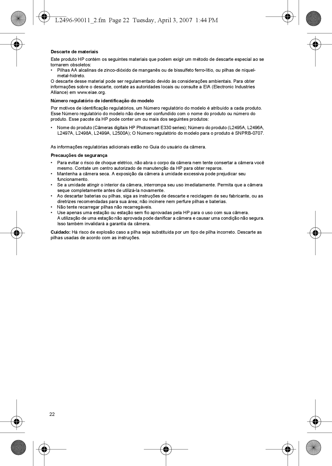 HP E manual L2496-900112.fm Page 22 Tuesday, April 3, 2007 144 PM, Descarte de materiais, Precauções de segurança 