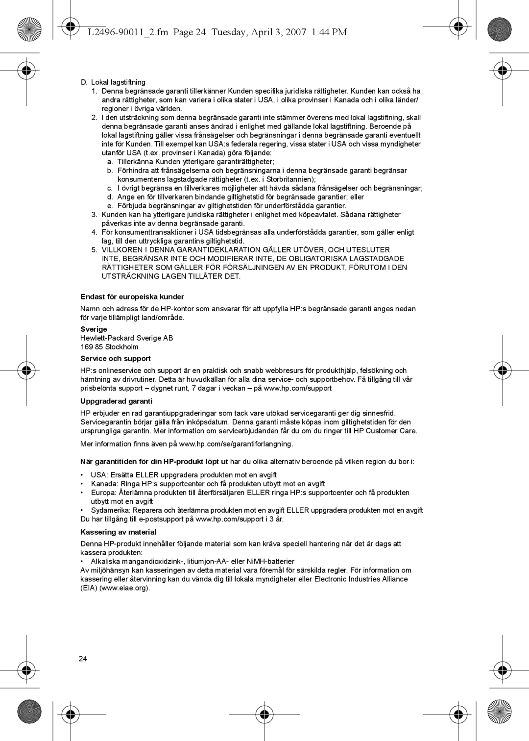 HP manual L2496-900112.fm Page 24 Tuesday, April 3, 2007 144 PM, Endast för europeiska kunder, Kassering av material 