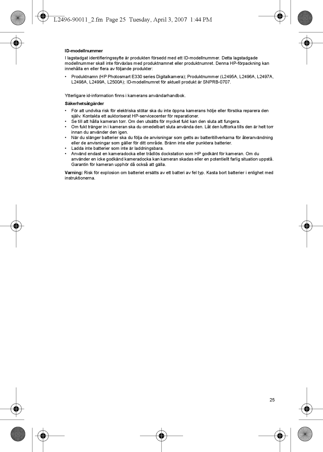 HP E manual L2496-900112.fm Page 25 Tuesday, April 3, 2007 144 PM, ID-modellnummer, Säkerhetsåtgärder 