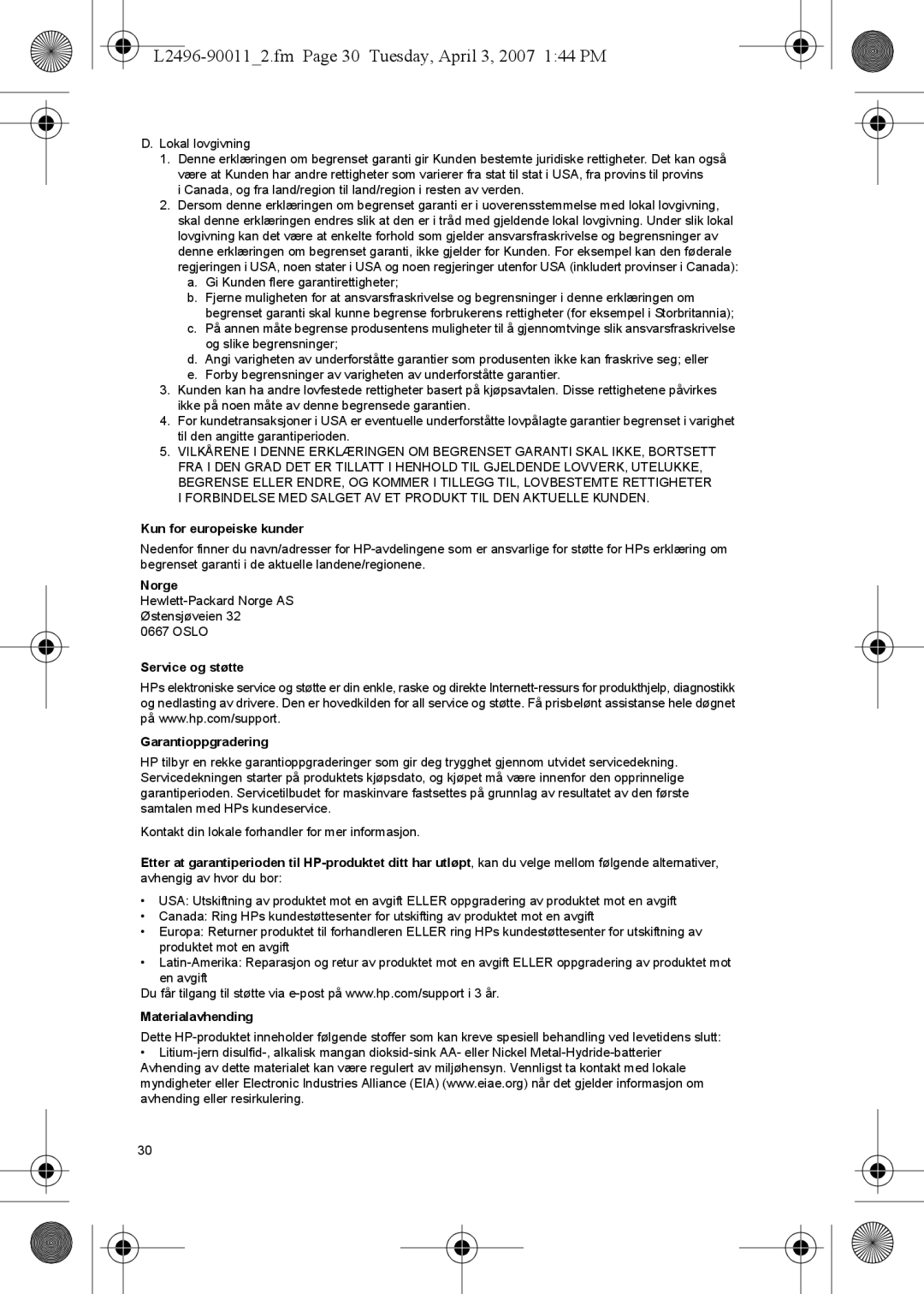 HP E manual L2496-900112.fm Page 30 Tuesday, April 3, 2007 144 PM, Kun for europeiske kunder, Materialavhending 