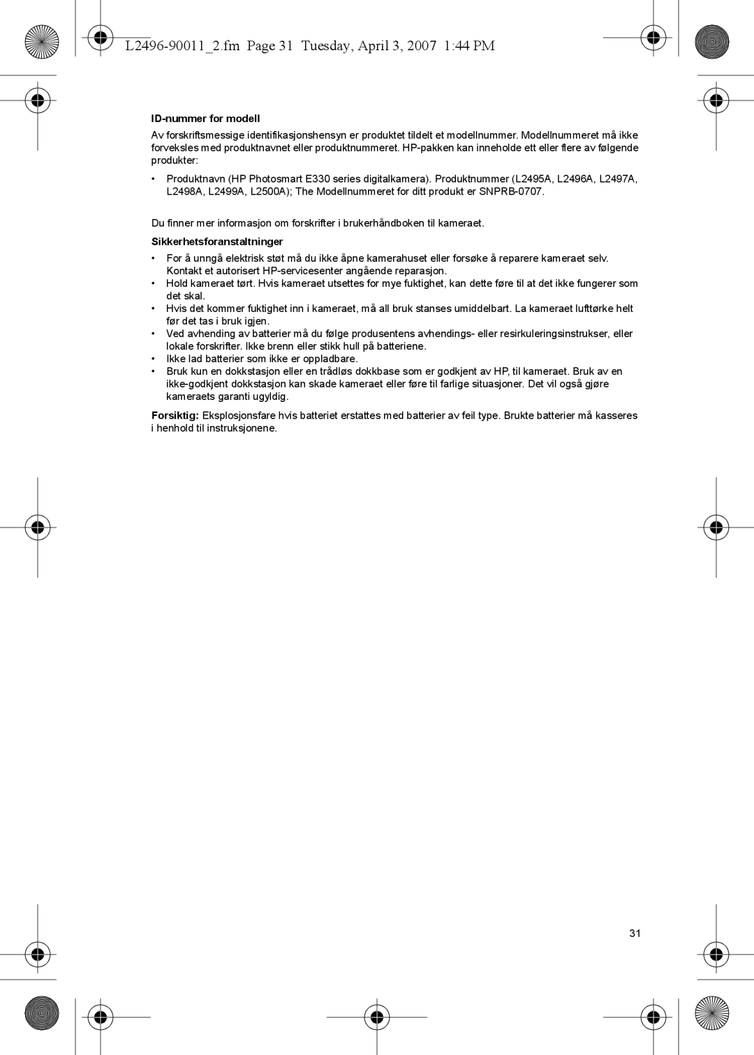 HP E manual L2496-900112.fm Page 31 Tuesday, April 3, 2007 144 PM, ID-nummer for modell, Sikkerhetsforanstaltninger 