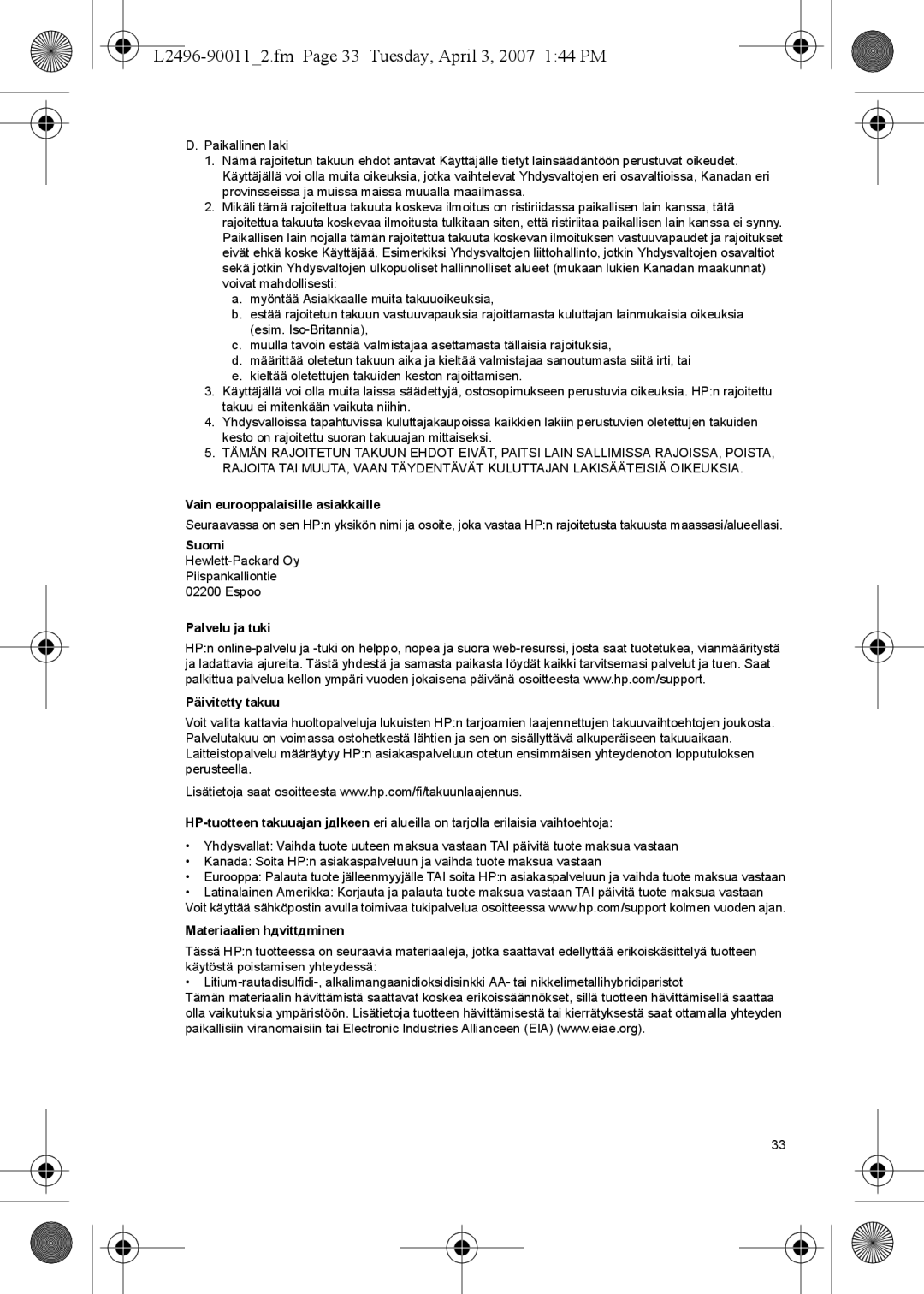 HP E L2496-900112.fm Page 33 Tuesday, April 3, 2007 144 PM, Vain eurooppalaisille asiakkaille, Materiaalien hдvittдminen 