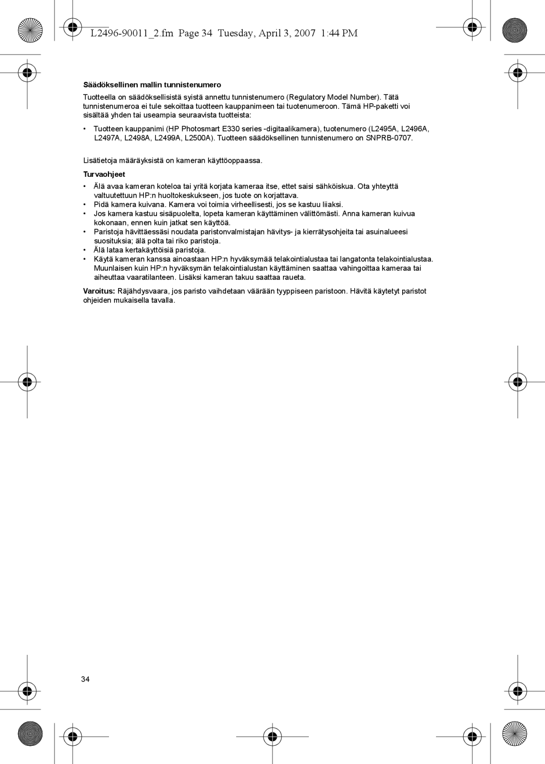 HP E manual L2496-900112.fm Page 34 Tuesday, April 3, 2007 144 PM, Säädöksellinen mallin tunnistenumero, Turvaohjeet 