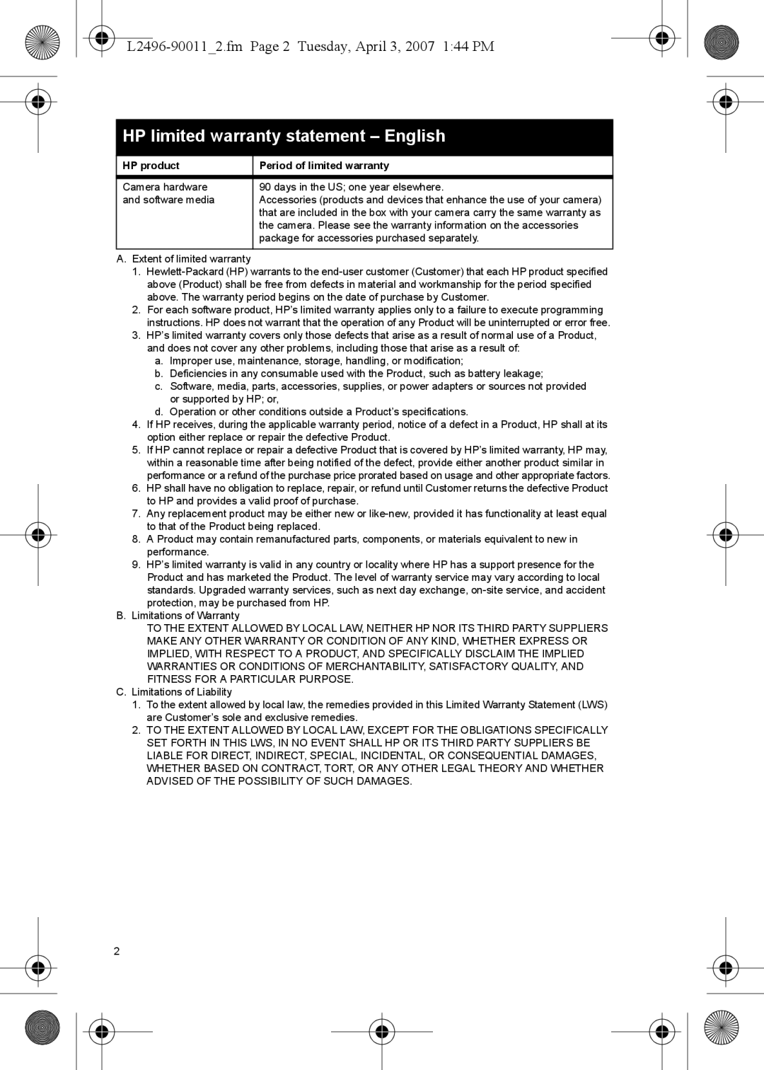 HP manual HP limited warranty statement English, L2496-900112.fm Page 2 Tuesday, April 3, 2007 144 PM 