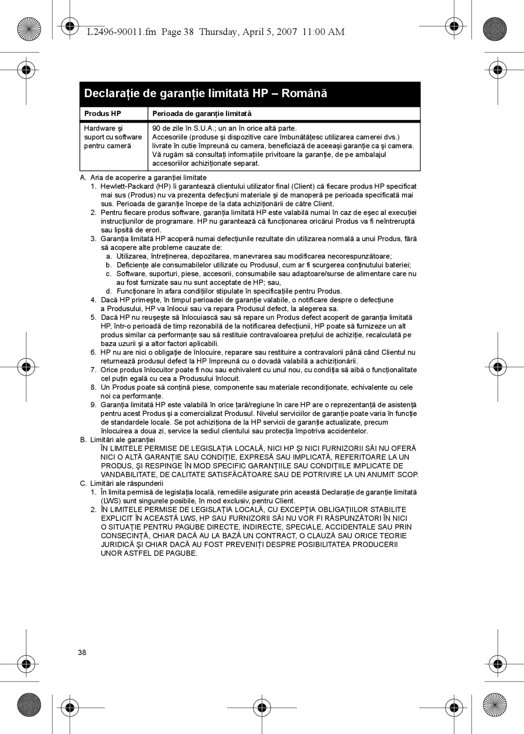 HP E manual Declaraţie de garanţie limitată HP Română, L2496-90011.fm Page 38 Thursday, April 5, 2007 1100 AM 