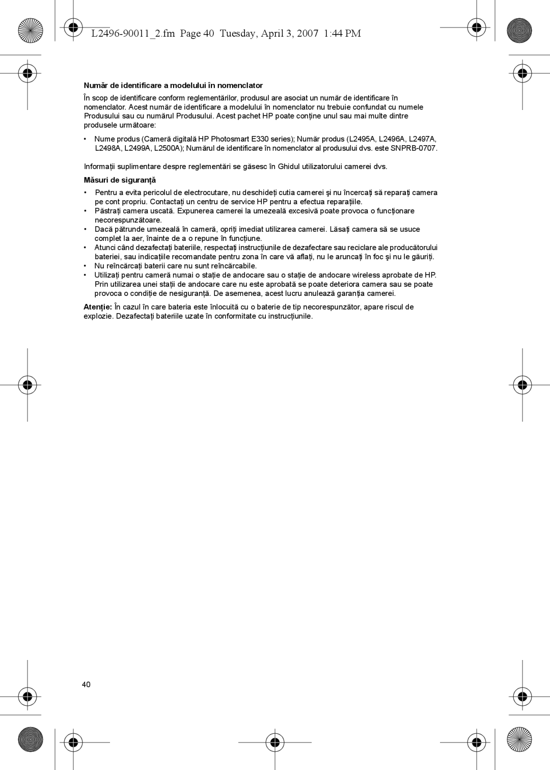 HP E manual L2496-900112.fm Page 40 Tuesday, April 3, 2007 144 PM, Număr de identificare a modelului în nomenclator 