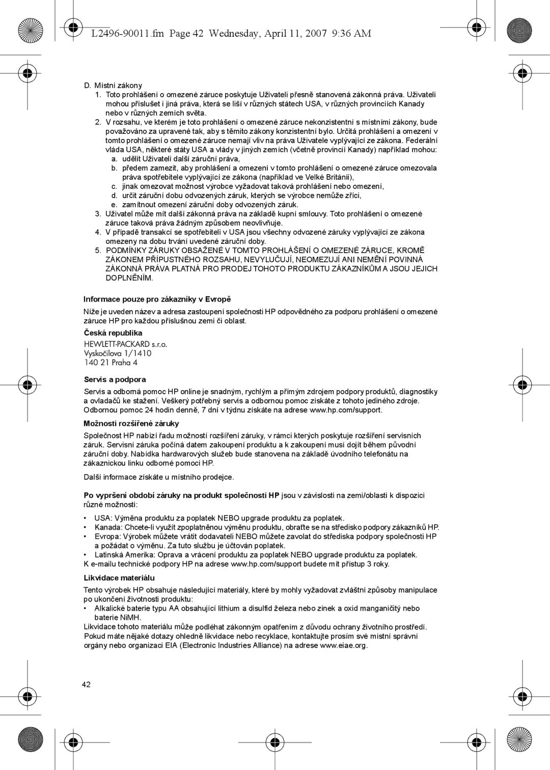 HP L2496-90011.fm Page 42 Wednesday, April 11, 2007 936 AM, Informace pouze pro zákazníky v Evropě, Likvidace materiálu 