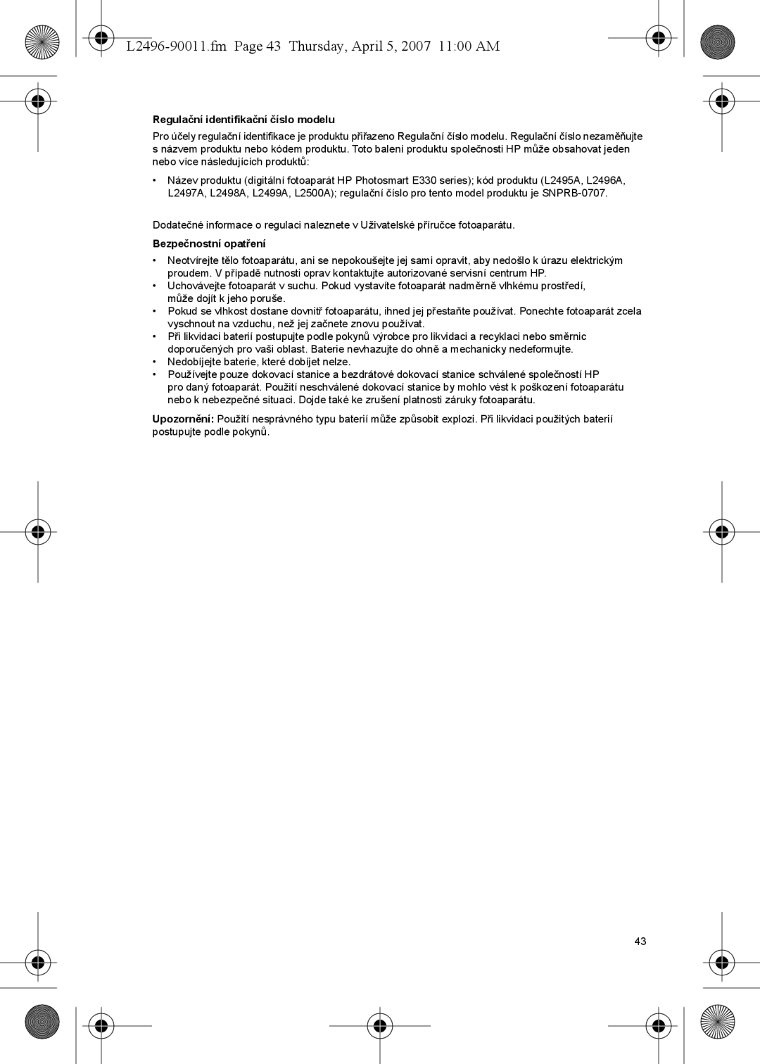 HP E L2496-90011.fm Page 43 Thursday, April 5, 2007 1100 AM, Regulační identifikační číslo modelu, Bezpečnostní opatření 