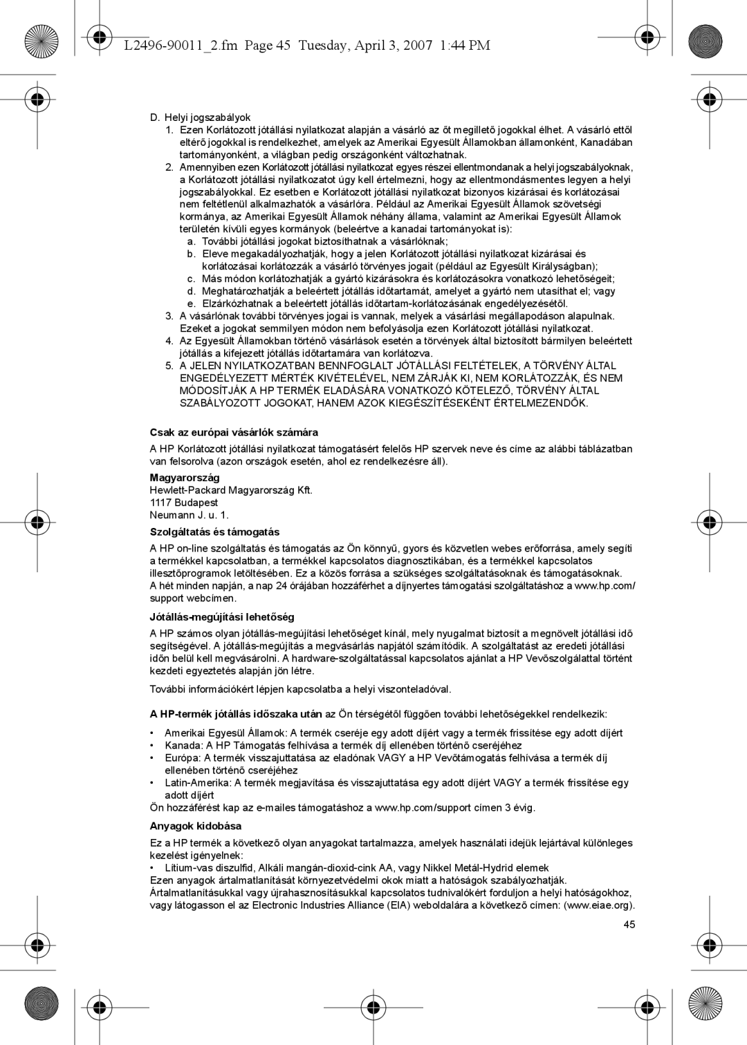 HP E L2496-900112.fm Page 45 Tuesday, April 3, 2007 144 PM, Csak az európai vásárlók számára, Szolgáltatás és támogatás 