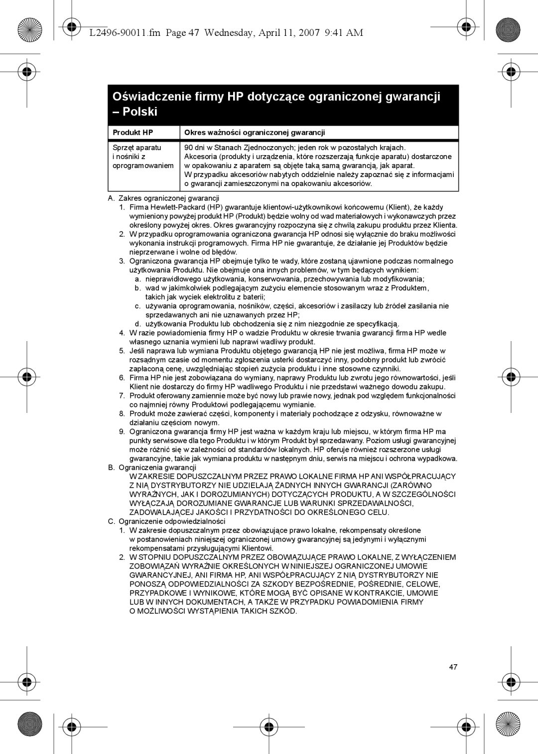 HP E manual L2496-90011.fm Page 47 Wednesday, April 11, 2007 941 AM, Produkt HP Okres ważności ograniczonej gwarancji 