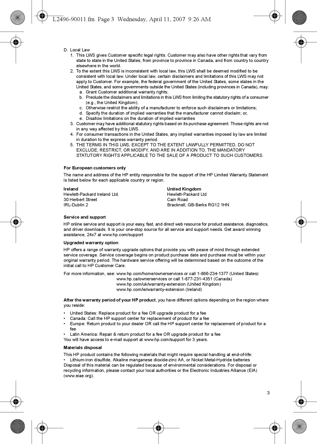 HP manual L2496-90011.fm Page 3 Wednesday, April 11, 2007 926 AM, For European customers only, Ireland United Kingdom 