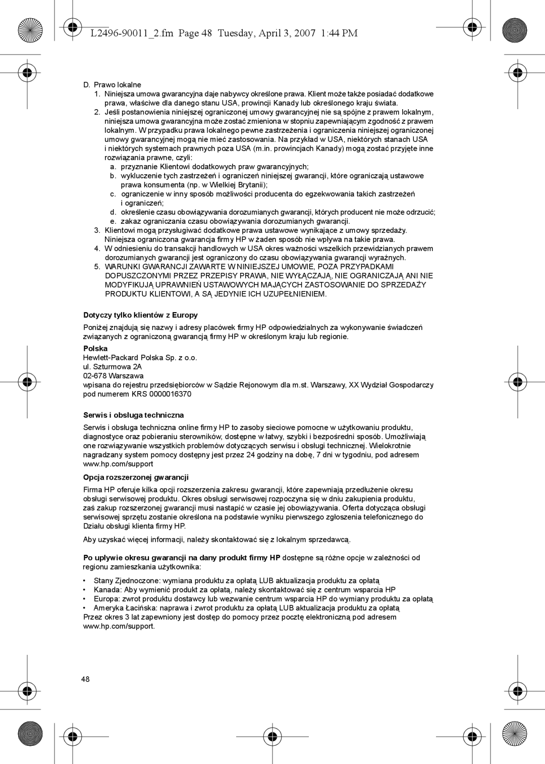 HP manual L2496-900112.fm Page 48 Tuesday, April 3, 2007 144 PM, Prawo lokalne, Dotyczy tylko klientów z Europy, Polska 