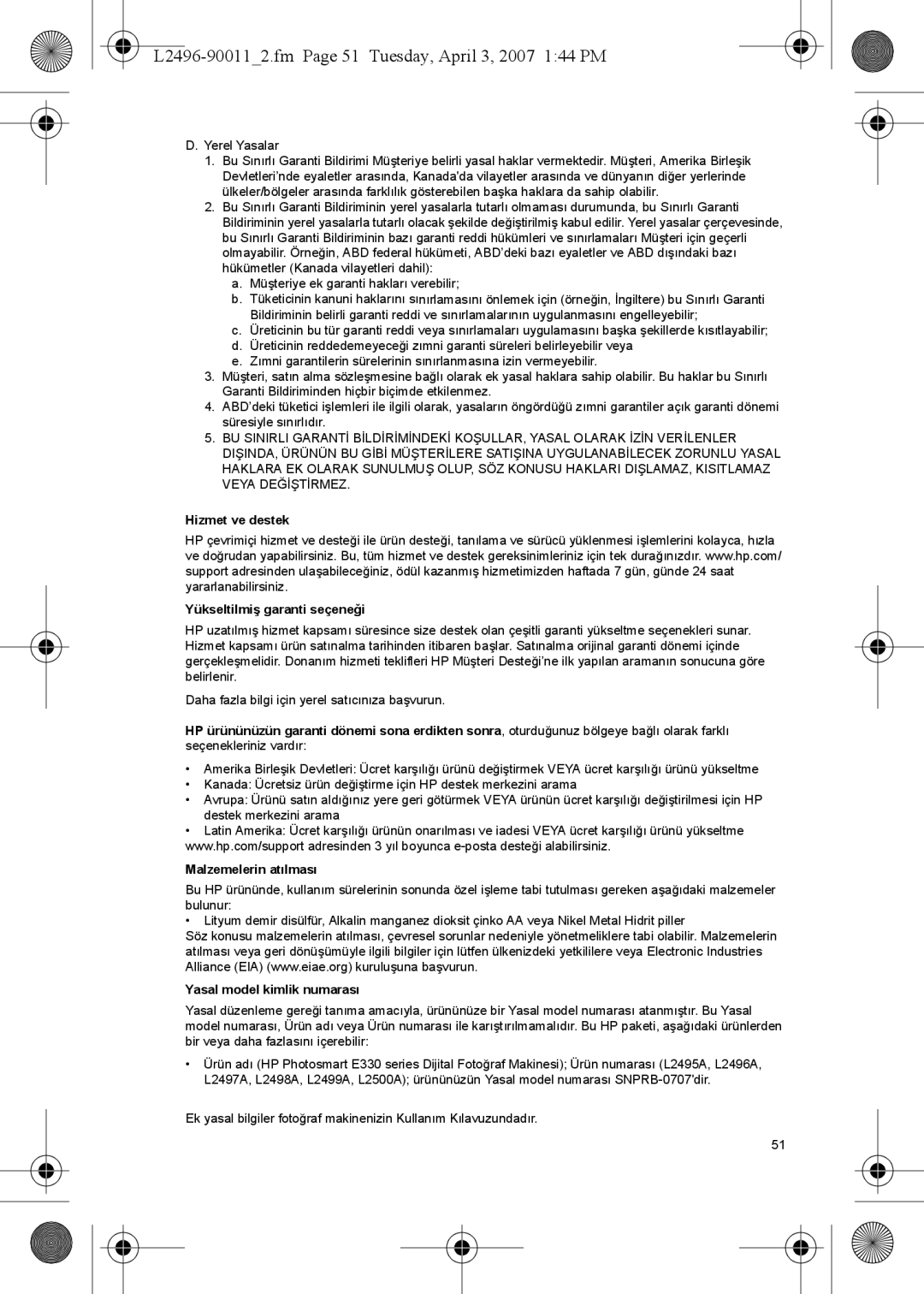 HP E L2496-900112.fm Page 51 Tuesday, April 3, 2007 144 PM, Yerel Yasalar, Hizmet ve destek Yükseltilmiş garanti seçeneği 