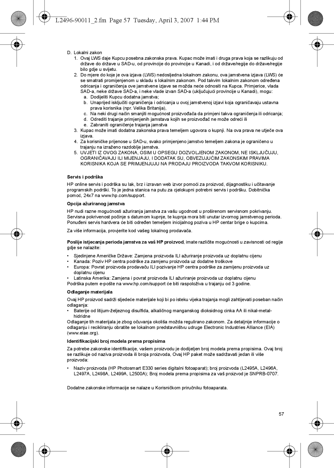 HP E manual L2496-900112.fm Page 57 Tuesday, April 3, 2007 144 PM, Servis i podrška Opcija ažuriranog jamstva 