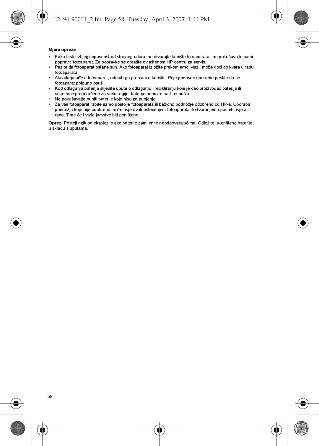 HP E manual L2496-900112.fm Page 58 Tuesday, April 3, 2007 144 PM, Mjere opreza 